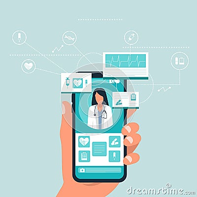 Human holding smartphone and selecting medical support. Online medical advice Vector Illustration