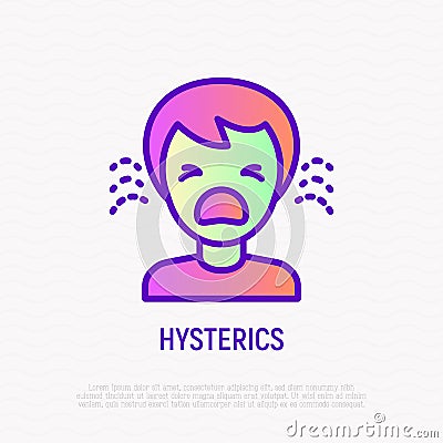 Human in hysterics, crying child thin line icon. Modern vector illustration of negative emotion Vector Illustration