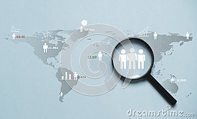 Human icon inside magnifier glass with world map for customer focus target group and customer relation management or CRM concept Stock Photo