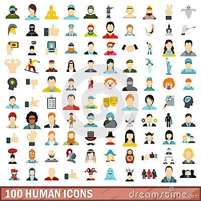 100 human icons set, flat style Vector Illustration