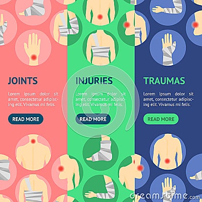 Human Injuries Set Bandage and Center Pain Banner Vecrtical Set. Vector Vector Illustration