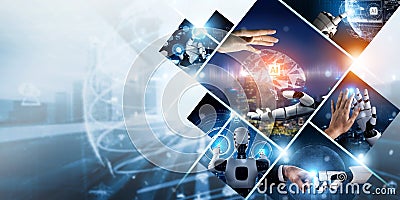 Human interact with AI artificial intelligence virtual assistant NLP robot Stock Photo