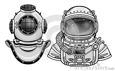 Human inventions: ancient diving helmet, astronaut`s suit. Past and future. Depth science. Vector Illustration