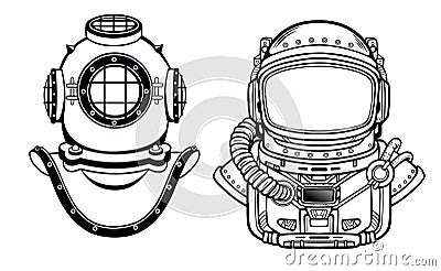 Human inventions: ancient diving helmet, astronaut`s suit. Past and future. Depth science. Vector Illustration