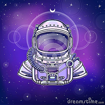 Human inventions: astronaut`s suit. Depth science. Background - the night star sky. Vector Illustration