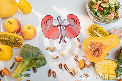 Human kidneys drawing and healthy fresh food on the table Stock Photo