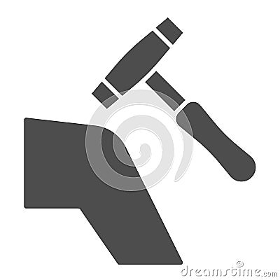 Human knee with medical hammer solid icon, Heath care concept, checking knee reaction with hammer sign on white Vector Illustration