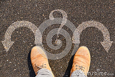 Human legs in batinki and two directions right and left with question mark.Concept fork in road and in life Stock Photo