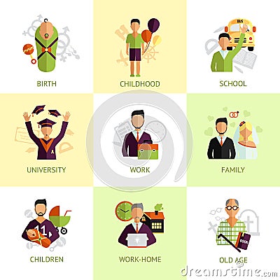 Human life stages icons set flat Vector Illustration