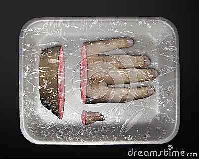 Human limb in a plastic container Stock Photo