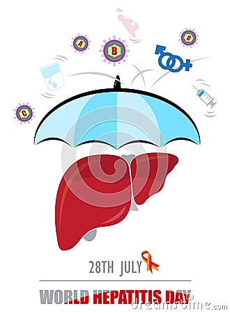 Human liver with a blue umbrella protected from hepatitis virus and cause of the disease icon with the days and name letters of Vector Illustration