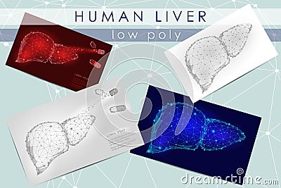 Human liver low poly medicine science illustration set. Internal organ anatomical pain cure concept. Help keep health Vector Illustration