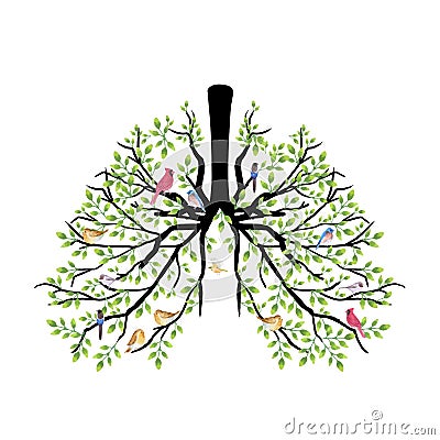 Human lungs full of birds nest and green leaves watercolor Vector Illustration