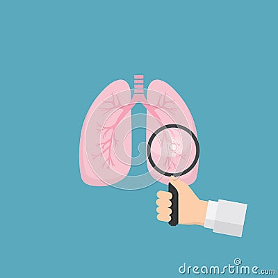 Human lungs with hand holding magnifying glass. Medical tool for diagnosing of diseases of lungs. Health care and medicine concept Vector Illustration