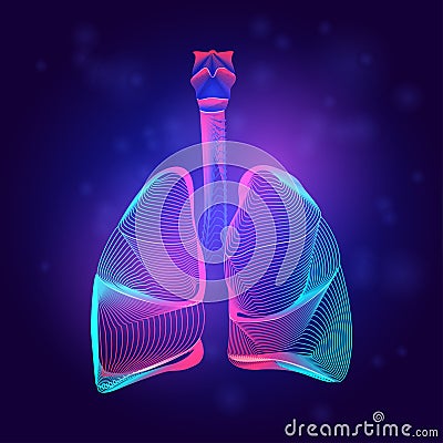 Human lungs medical structure. Outline vector illustration of body part organ anatomy in 3d line art style on neon abstract Vector Illustration