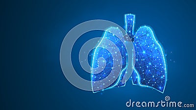 Human Lungs. Organ anatomy, biological air filter, healthy body concept. Polygonal image on blue neon background. Low poly, Vector Illustration