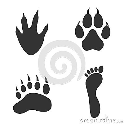 Human and mammals - footprints silhouettes set isolated on white background Vector Illustration