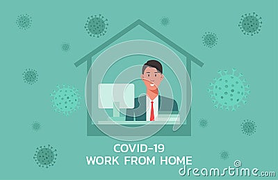 Man work from home to prevent from virus spreading Vector Illustration