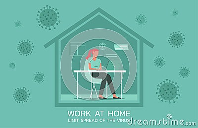 Woman working at home on laptop Vector Illustration