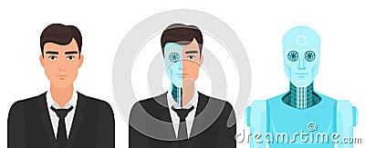 Human man turns into a robot. Forever life future reality of medicine transformation vector illustration. Vector Illustration