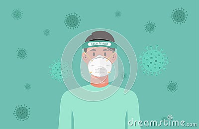 Man with n95 mask and face shield Vector Illustration