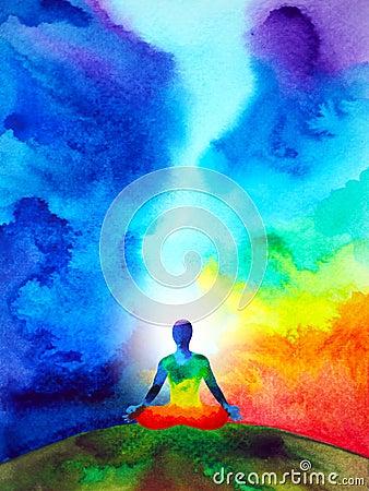 Human meditate mind mental health yoga chakra spiritual healing abstract energy meditation connect the universe power watercolor Cartoon Illustration