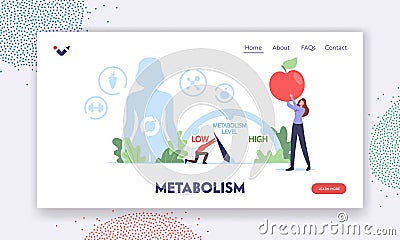 Human Metabolism Landing Page Template. Tiny Character Move Arrow to Increase Metabolic System Level, Digestion Vector Illustration