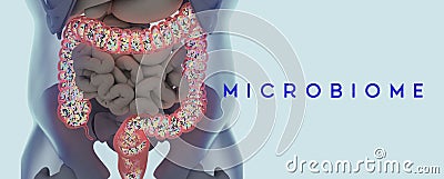 Human microbiome large intestine filled with bacteria. Title: `Digestive System` Cartoon Illustration