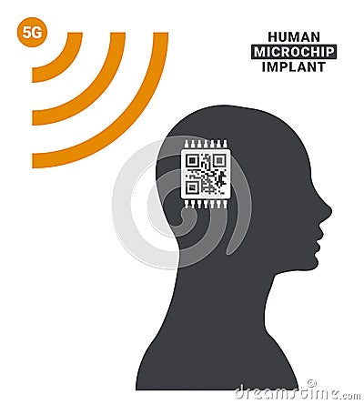 Human microchip implant. Vector concept of connecting human brain to the Internet. Silhouette of a man with a CPU and qr code in Vector Illustration