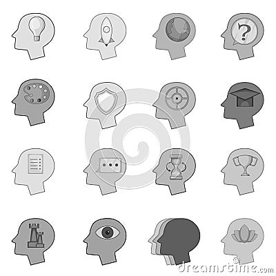 Human mind head icons set monochrome Vector Illustration