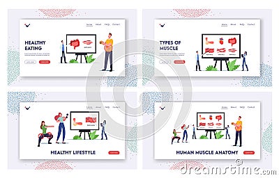 Human Muscle Anatomy Landing Page Template Set. Tiny Characters at Huge Board with Infographic of Muscles Vector Illustration