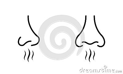 Human Nose Smells Linear Symbol Collection. Nasal Odor Sniff Pictogram. Nose Loss Sense, Smell, Scent Line Black Icon Vector Illustration