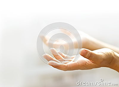 Human open empty hands with light background Stock Photo