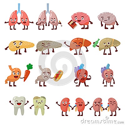 Human organs healthy and unhealthy characters vector set. Vector Illustration