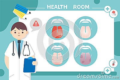 Human organs: illustration of various pathologies of mouth tongue. Healthcare vector concept. Vector Illustration