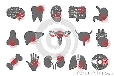 Human organs pains. Brain, tooth, ear, intestines, stomach, nose, liver, bladder, heart, bone, hand, kidneys, lung Stock Photo