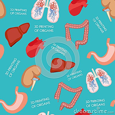 Human organs seamless pattern. Concept of bioprinting of tissues and organs on red background. Colorful vector Vector Illustration