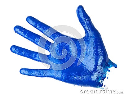 Human palm covered blue oil paint Stock Photo