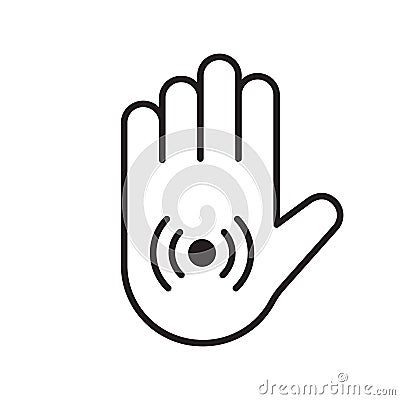Human palm with RFID signal. Hand with chip implant icon. Linear template for electronic technology logo. Black simple Vector Illustration