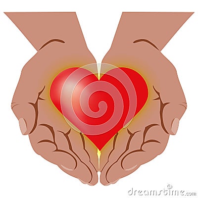 Opened palms holding red heart shining with yellow light in bosom of hands. Concept: Openness and sensuality, giving love. Vector Illustration