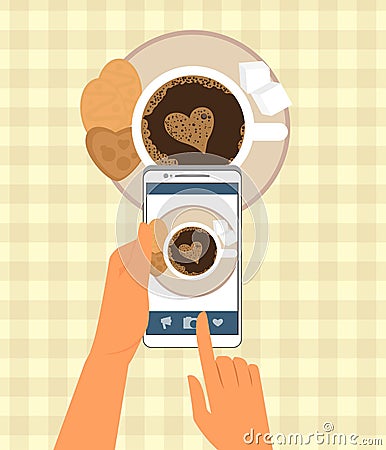 Human is photographing his cup of coffee in Vector Illustration