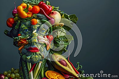 A human portrait created entirely from an assortment of vibrant fruits and vegetables, symbolizing the abundance of Stock Photo