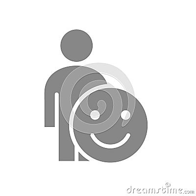 Human with positive emotions gray icon. Happy, success face symbol Vector Illustration