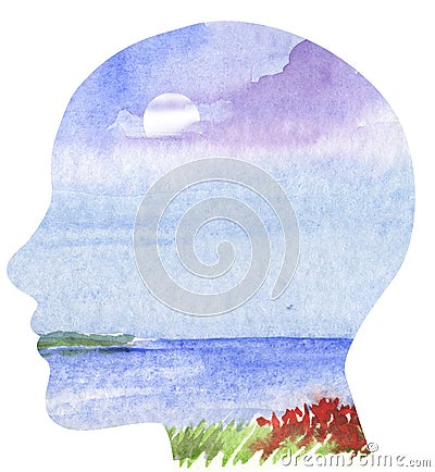 Human profile with sea landscape Cartoon Illustration