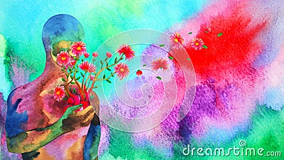 Human red heart healing flower flow in universe love spiritual mind mental health chakra power abstract soul art watercolor Cartoon Illustration