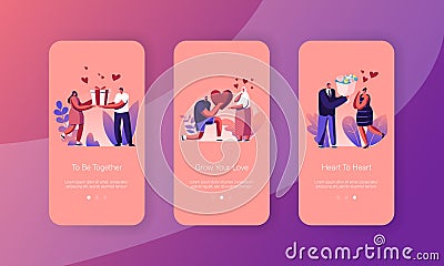 Human Relations, Loving Couple Giving Gifts Mobile App Page Onboard Screen Set. Man Presenting to Woman Heart Vector Illustration