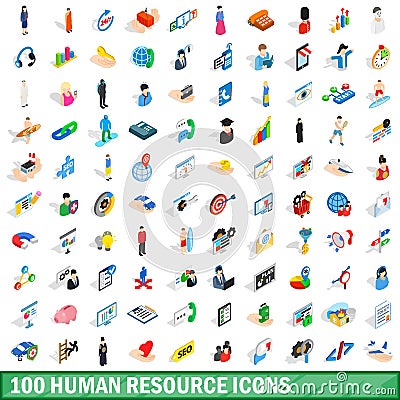 100 human resource icons set, isometric 3d style Vector Illustration