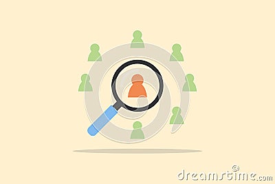 Human resource management concept. Magnifier glass focus on the orange human icon for a select employee. Human development recruit Vector Illustration