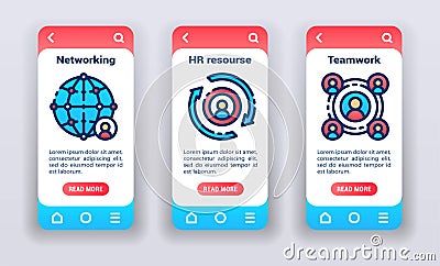 Human resource on mobile app onboarding screens. Flat icons, networking, hr, teamwork. Banners for website and mobile kit Vector Illustration