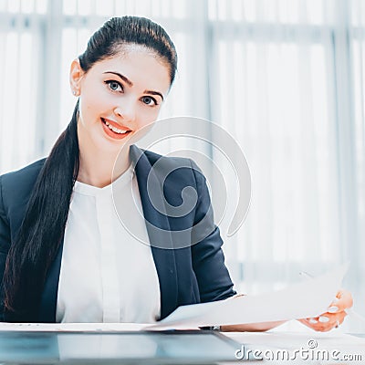 Human resources cheerful female recruiter resume Stock Photo